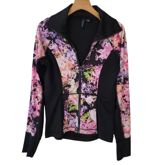 CYNTHIA ROWLEY Zip Up Jacket Black Colorful Artsy Floral Thumbholes Womens Sz M - Picture 1 of 11